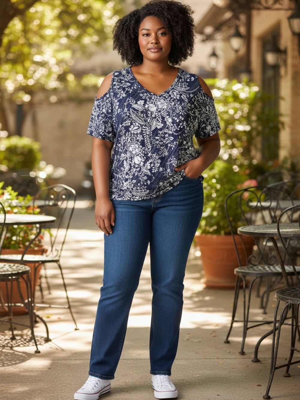 Cold-Shoulder V-Neck Floral Blouse in navy blue and White